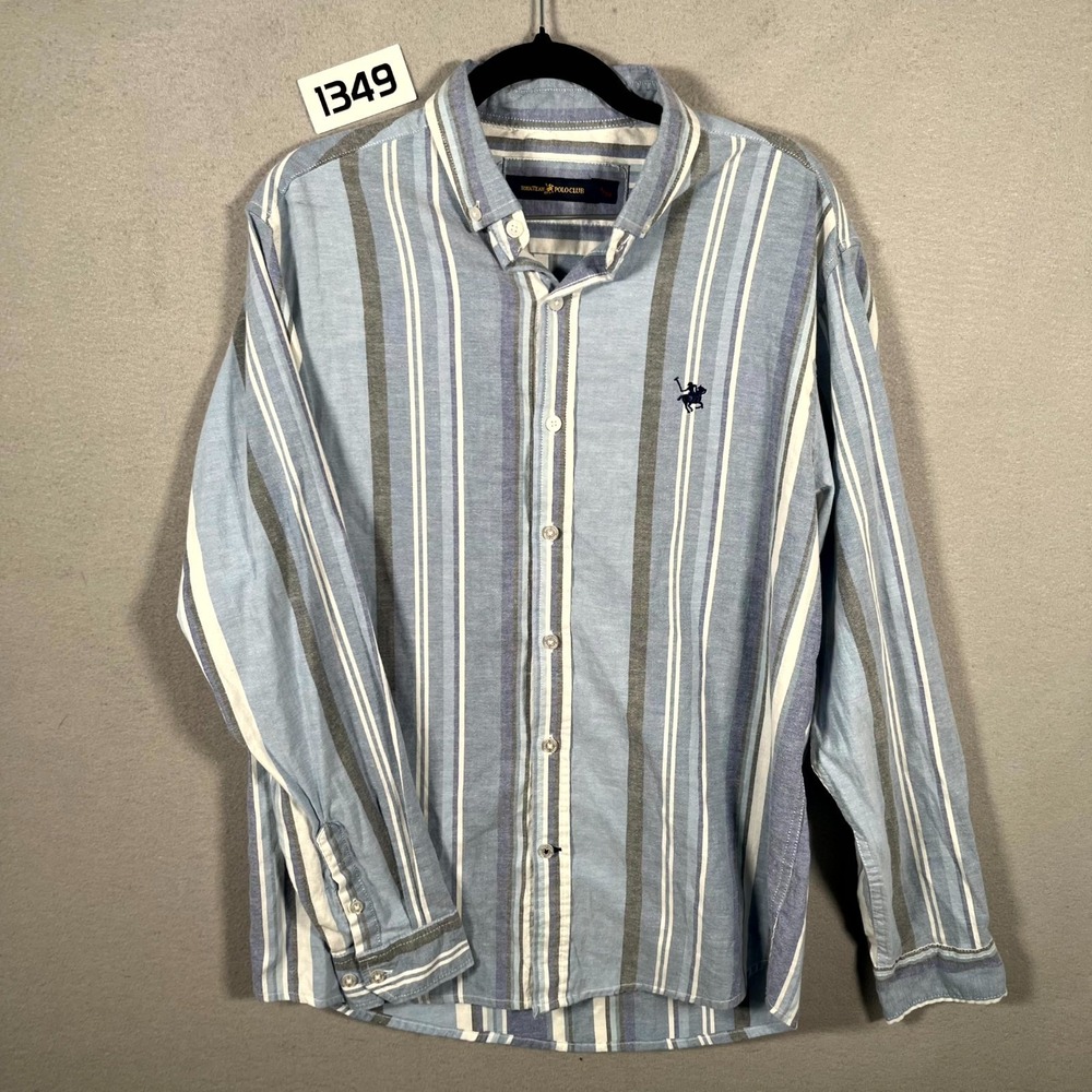 Yorkteam Polo Club Dress Shirt Mens M/38 Blue Stripes Logo Long Sleeve Business